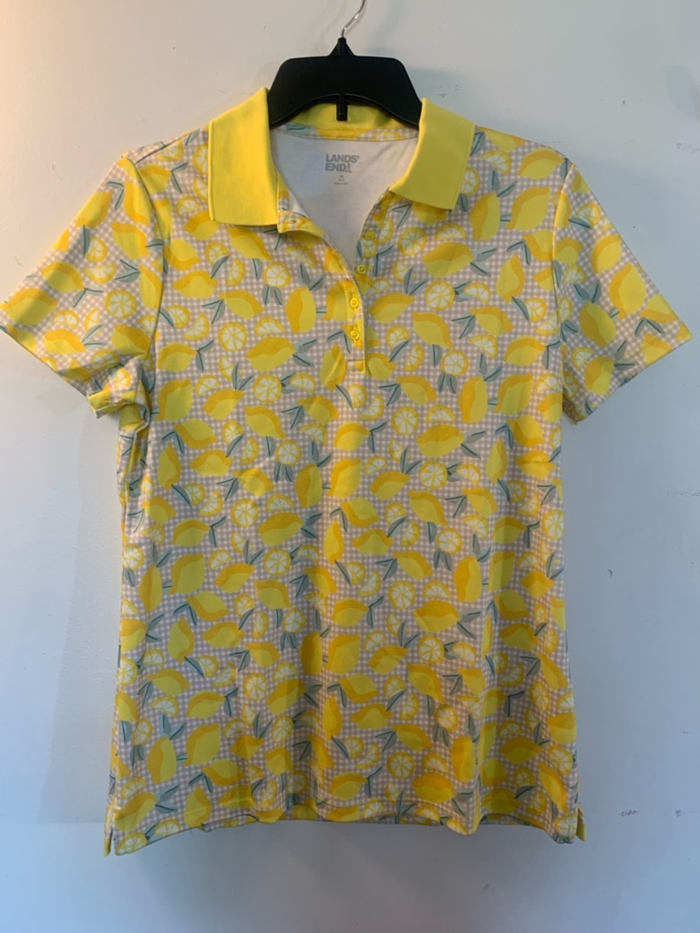 Lands' End Womens Short Sleeve Supima Polo Bright Sun Yellow Lemon Check Medium - Picture 3 of 7
